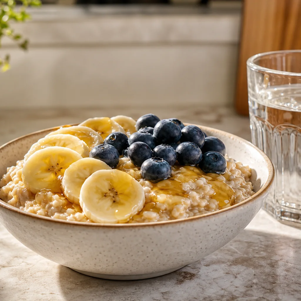 Oatmeal bowl with banana and berries as a high-carb pre-workout breakfast