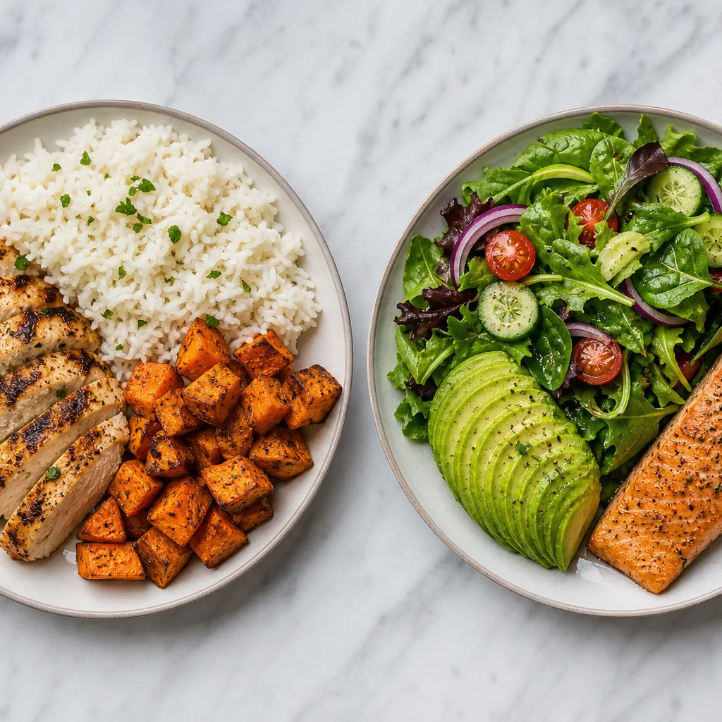 High-carb plate with rice and sweet potato compared with a low-carb salmon salad plate