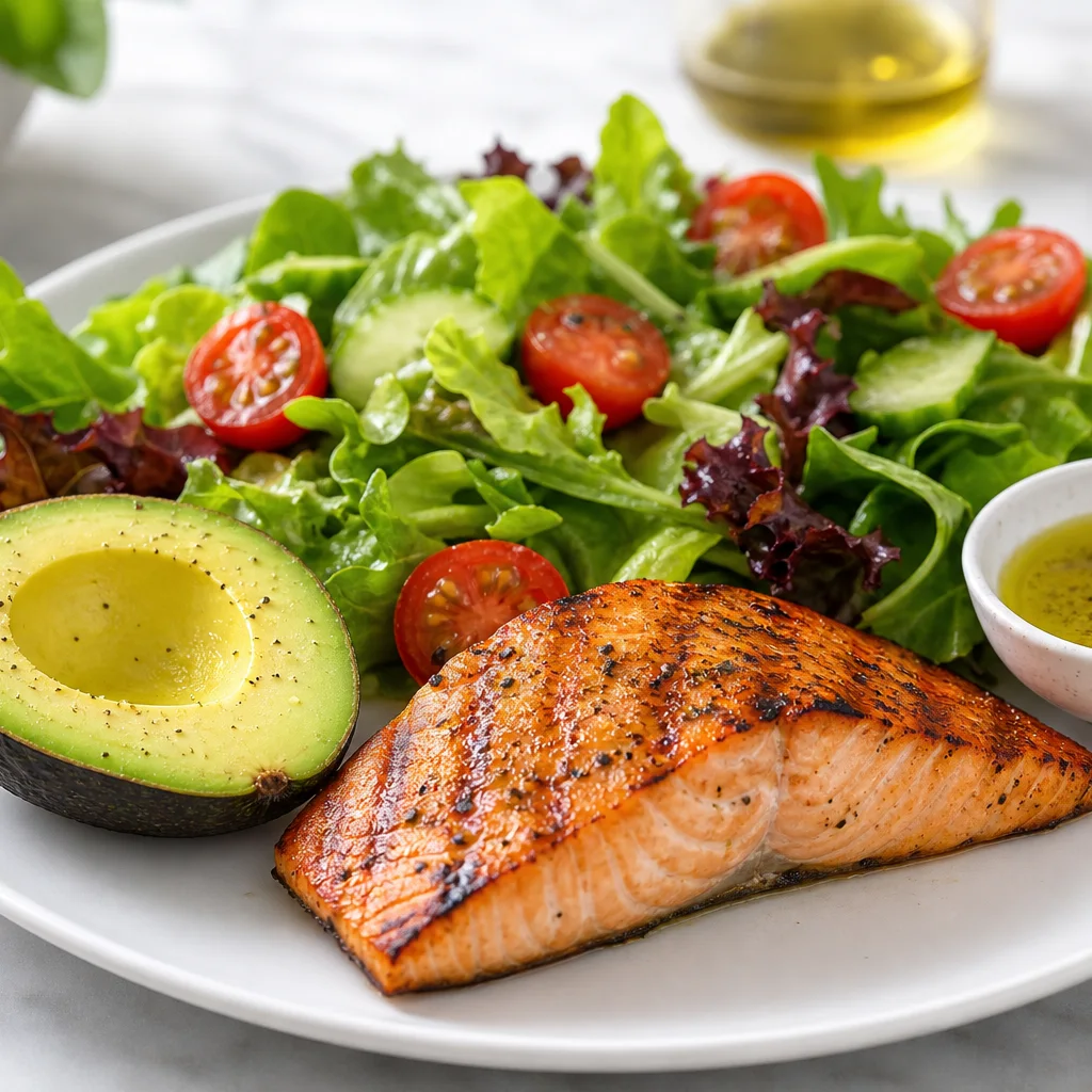 Low-carb plate with grilled salmon, avocado, and green salad