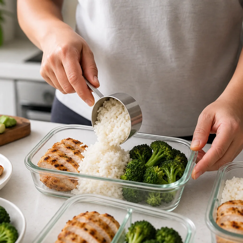 Hands portioning cooked rice into a meal prep container with chicken and broccoli