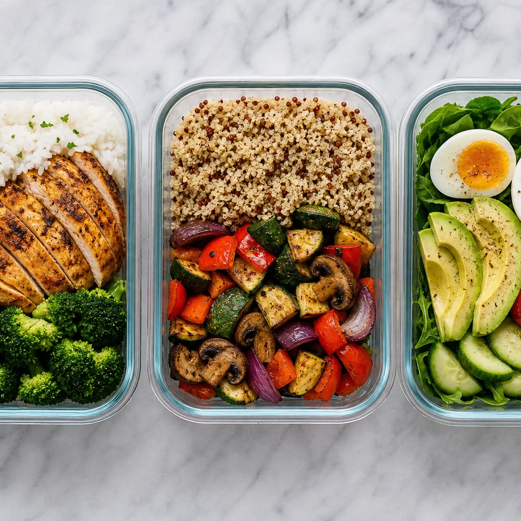 Three meal prep containers showing high, moderate, and low carb day examples