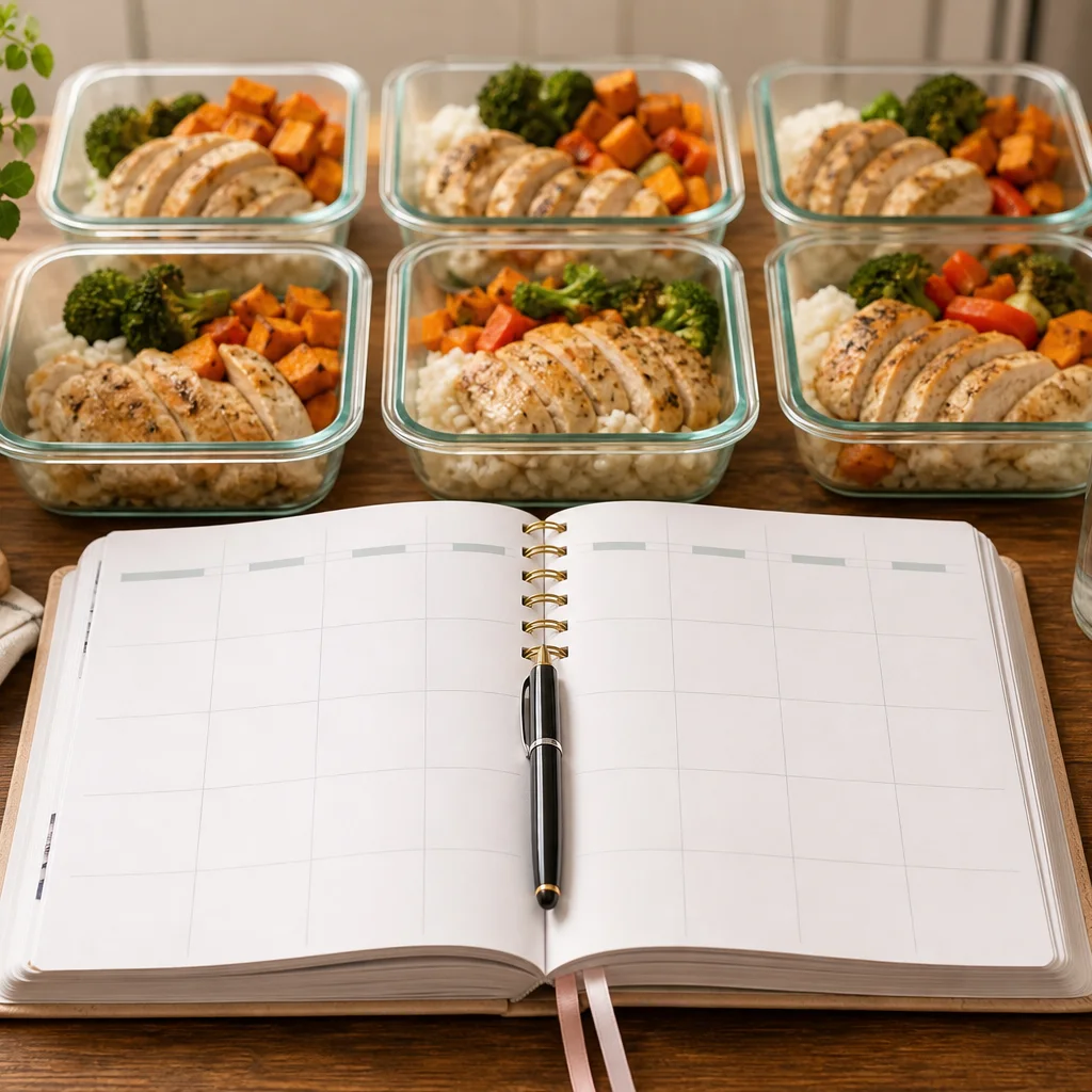 Weekly meal planner on kitchen table beside healthy meal prep containers