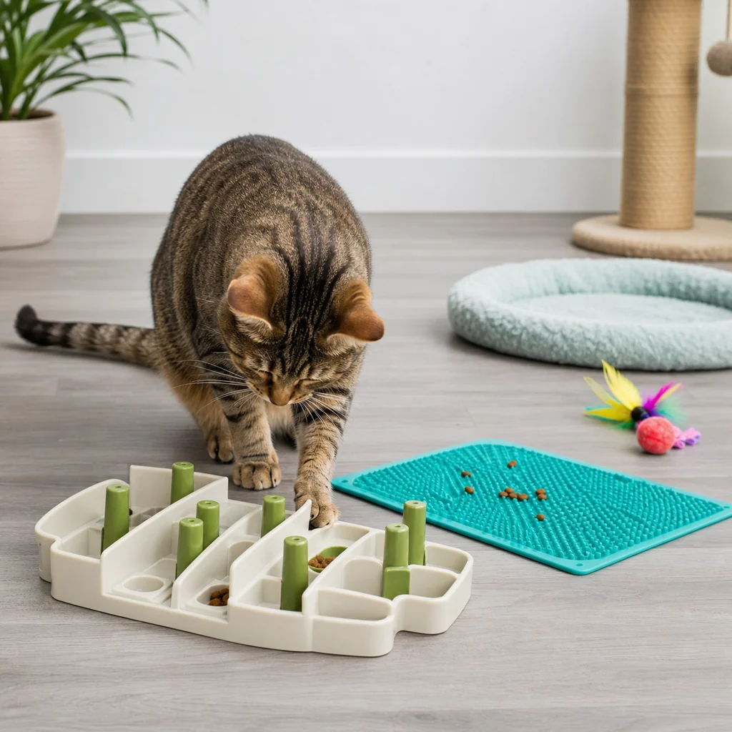 Indoor cat exploring a puzzle feeder and textured treat mat