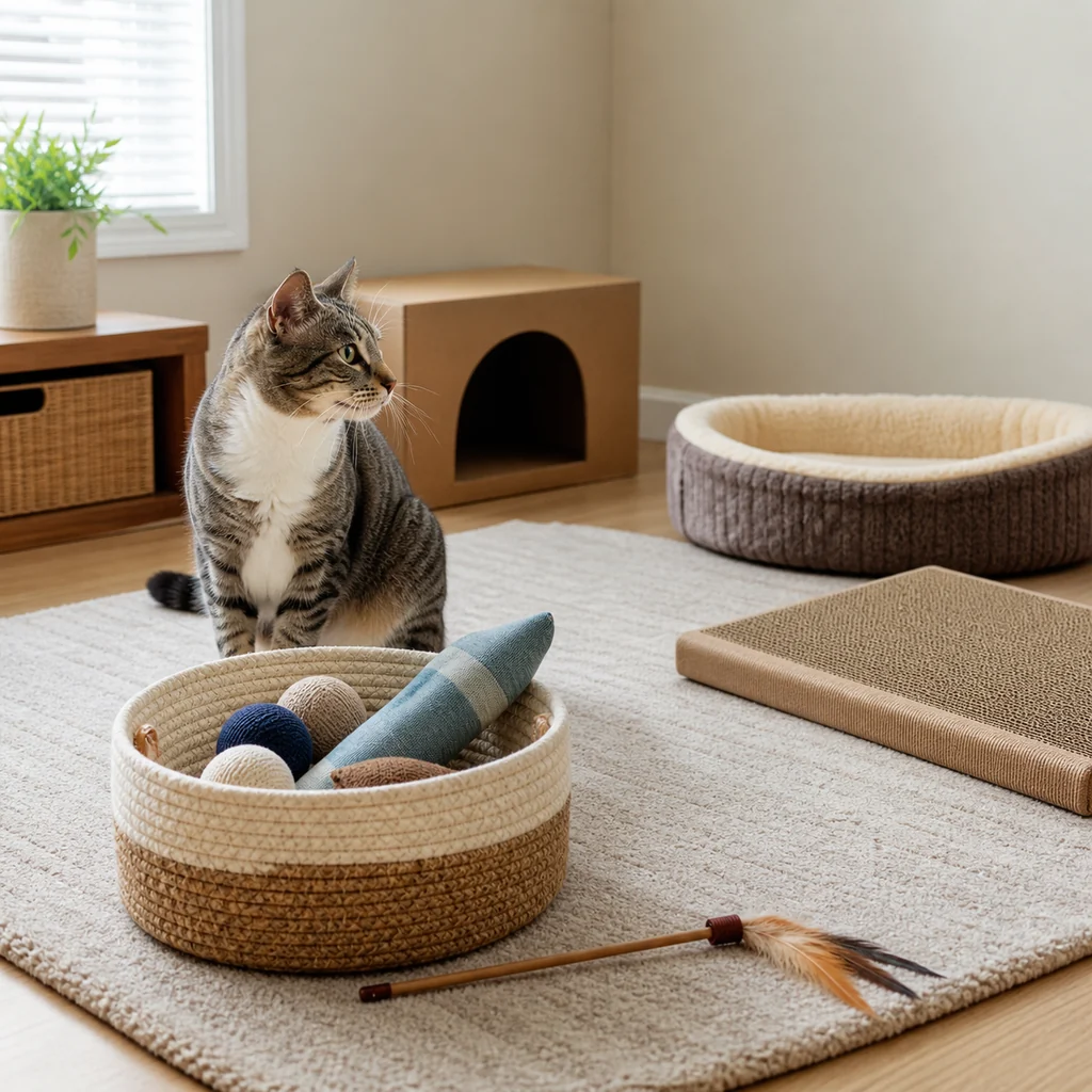 Indoor cat beside a toy basket, cardboard hideaway, bed, and scratch pad
