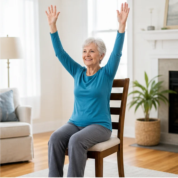 Senior adult doing seated arm raises on a sturdy chair in a bright living room