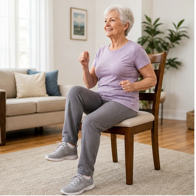 Senior adult doing a seated march on a sturdy chair in a bright living room