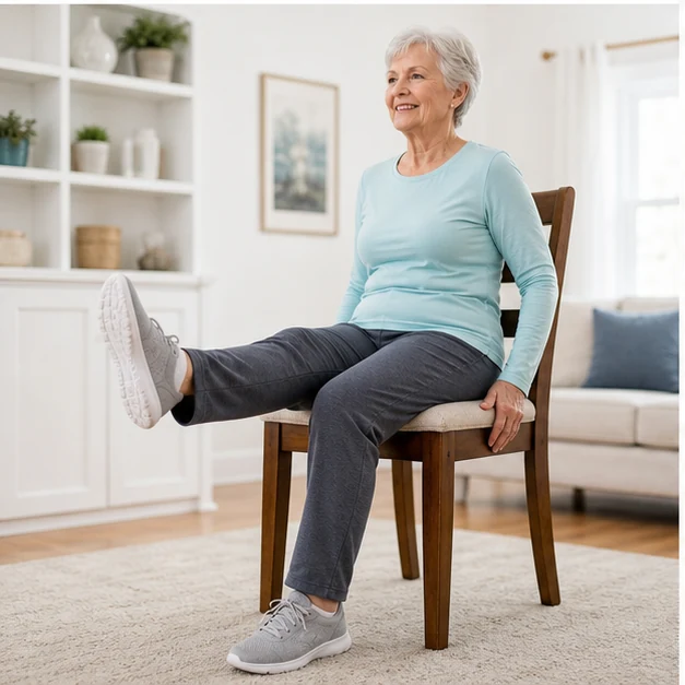 Senior adult doing seated knee extensions while holding the sides of a sturdy chair