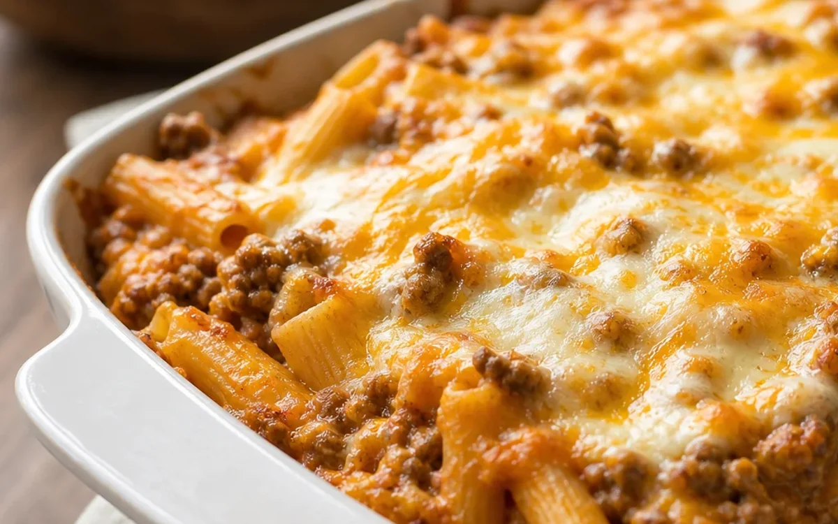Cheesy beef pasta casserole with golden melted cheese in a white baking dish
