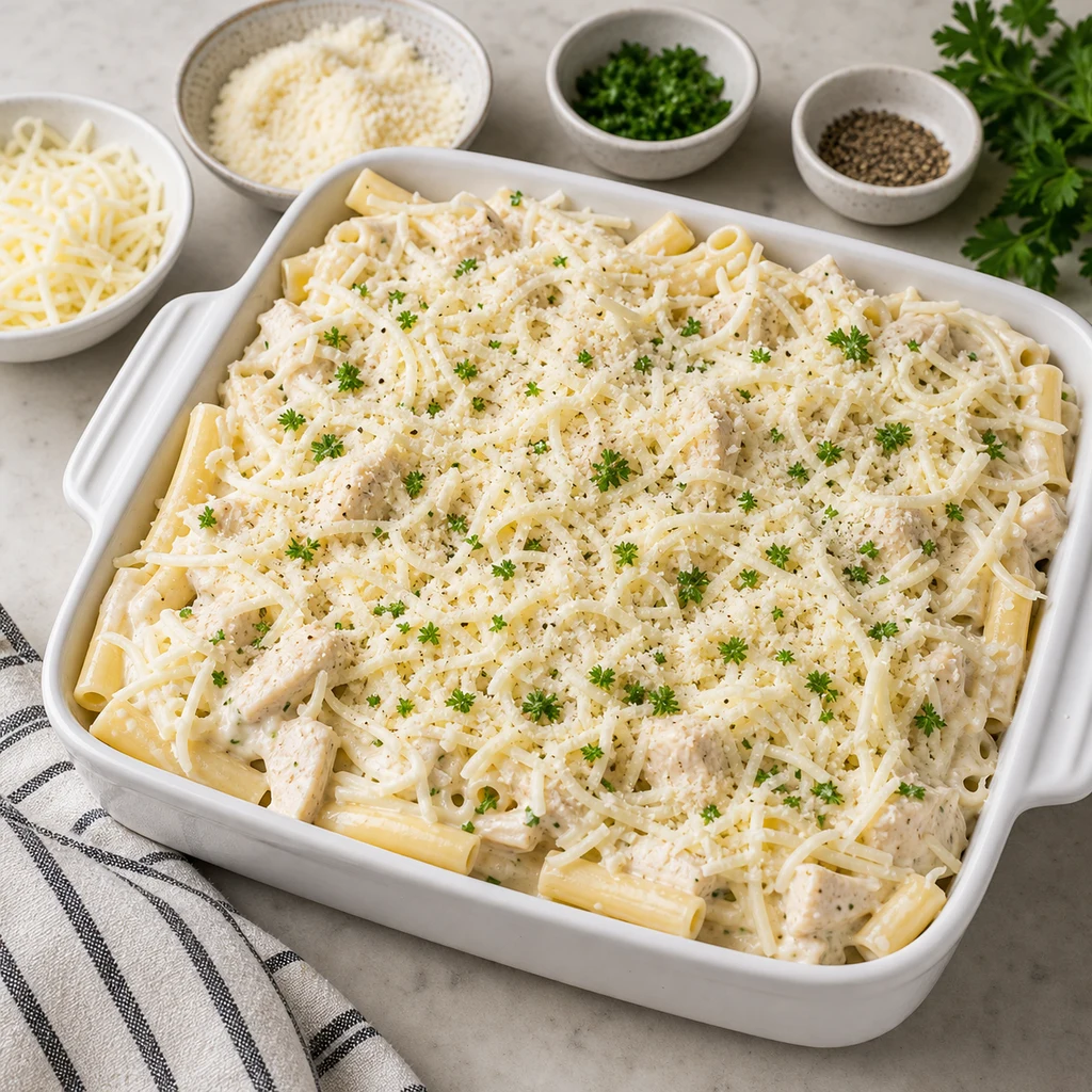 Unbaked Chicken Alfredo Baked Ziti in a white baking dish topped with mozzarella, Parmesan, parsley, and black pepper