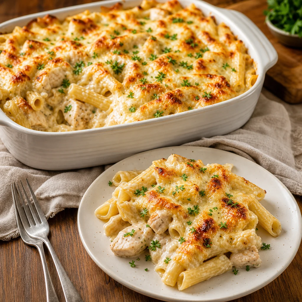 Finished Chicken Alfredo Baked Ziti with browned cheese and a creamy serving on a plate beside the casserole dish