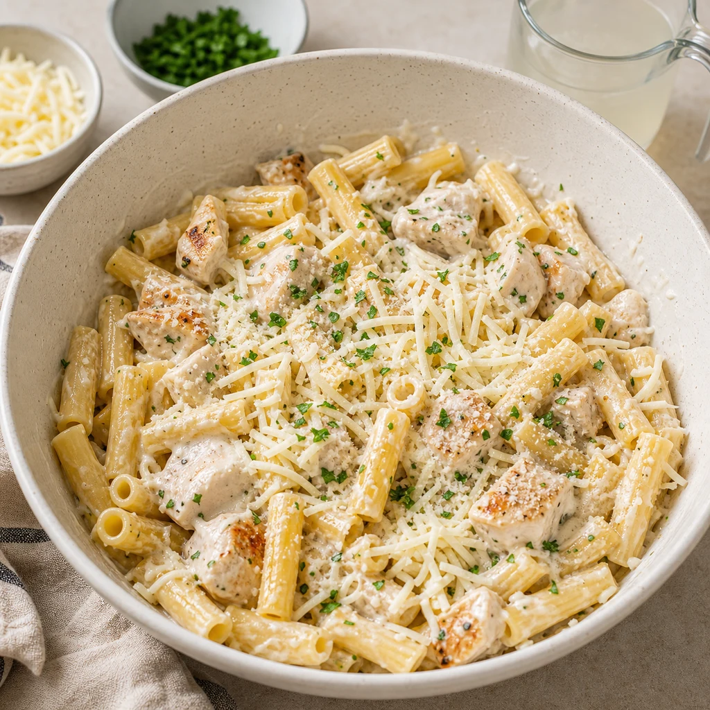 Cooked ziti, chicken, Alfredo sauce, mozzarella, Parmesan, parsley, and pasta water being combined in a wide bowl