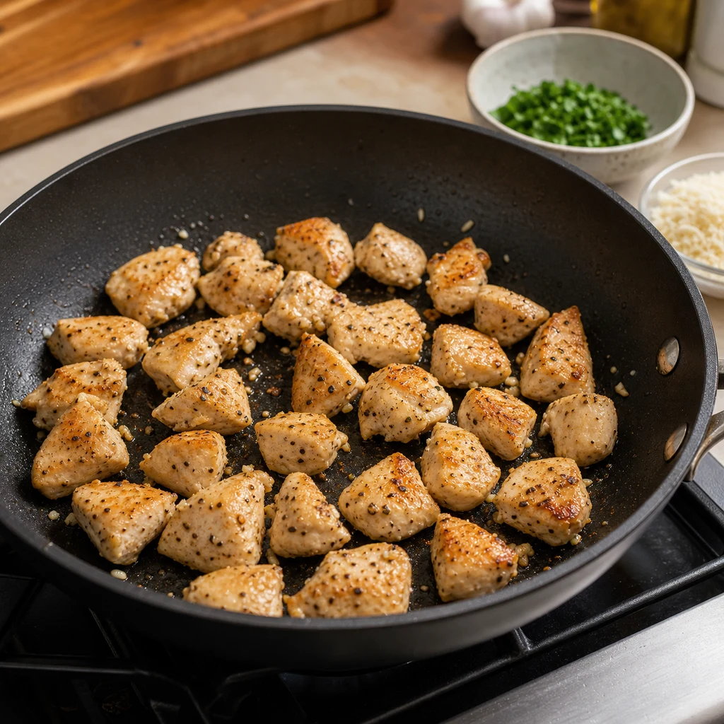 Seasoned chicken pieces cooking in a skillet until lightly golden for Chicken Alfredo Baked Ziti