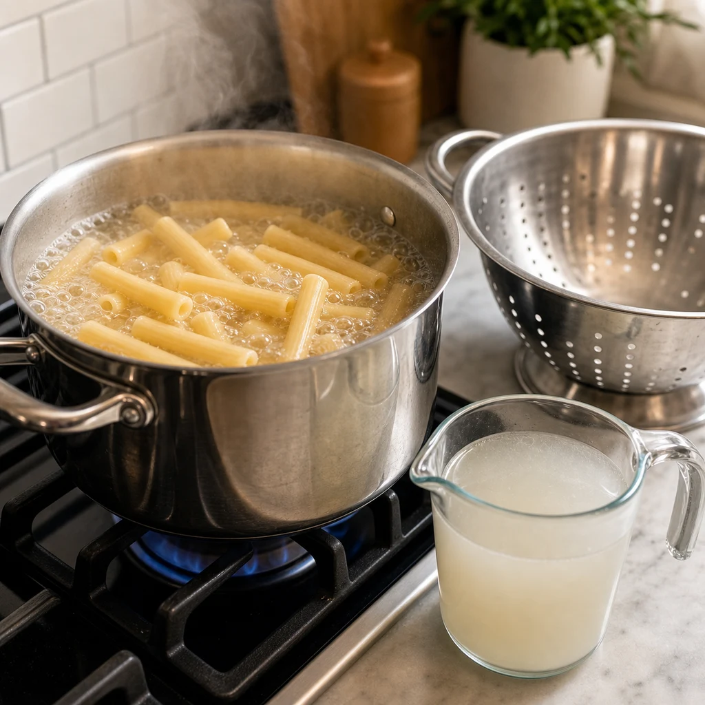 Ziti pasta boiling in a pot with reserved pasta water in a measuring cup and a colander nearby