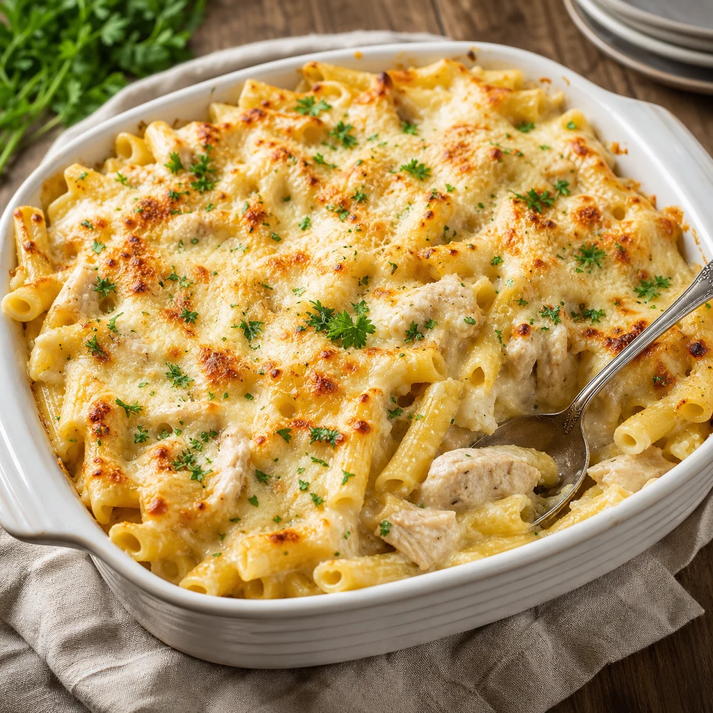 Creamy Chicken Alfredo Baked Ziti in a white casserole dish with golden cheese, chicken, parsley, and a serving spoon