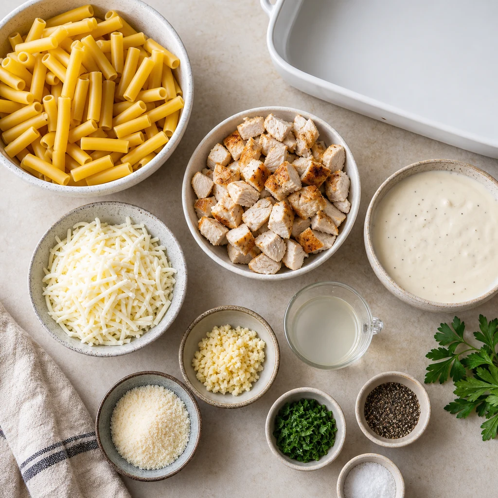 Ingredients for Chicken Alfredo Baked Ziti including ziti pasta, cooked chicken, Alfredo sauce, mozzarella, Parmesan, garlic, parsley, and reserved pasta water