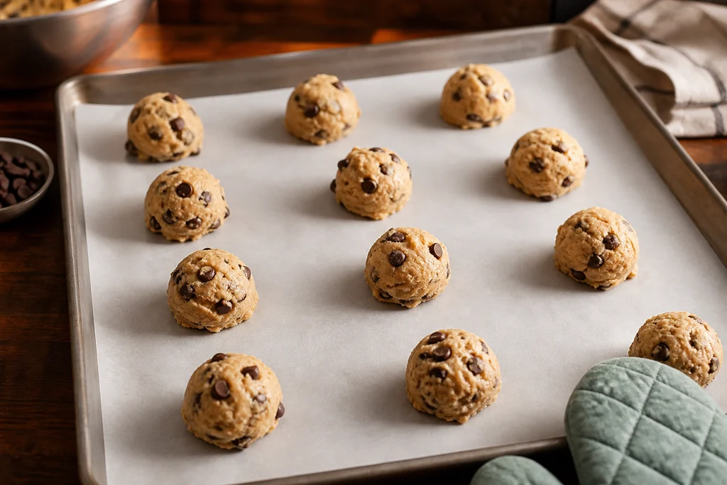 Scooped chocolate chip cookie dough on a parchment lined baking sheet