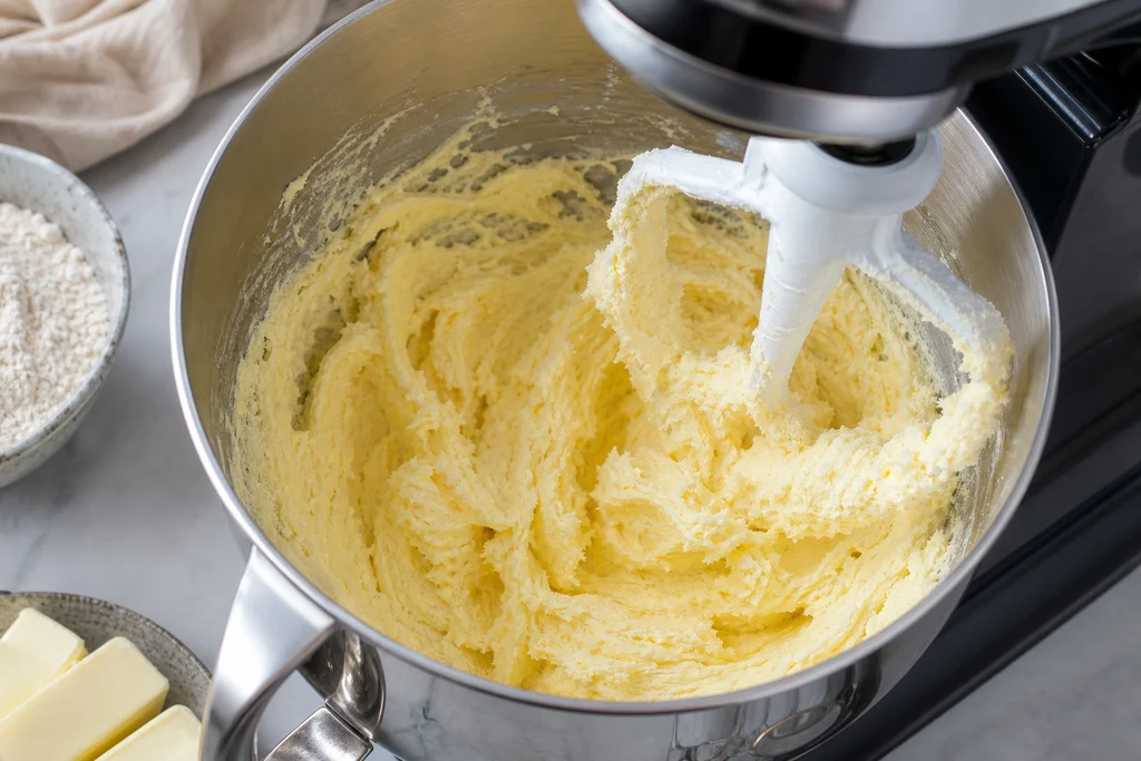 Creamed butter and sugars for chocolate chip cookie dough in a mixing bowl