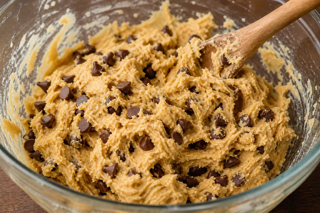 Chocolate chip cookie dough with semisweet chips folded throughout