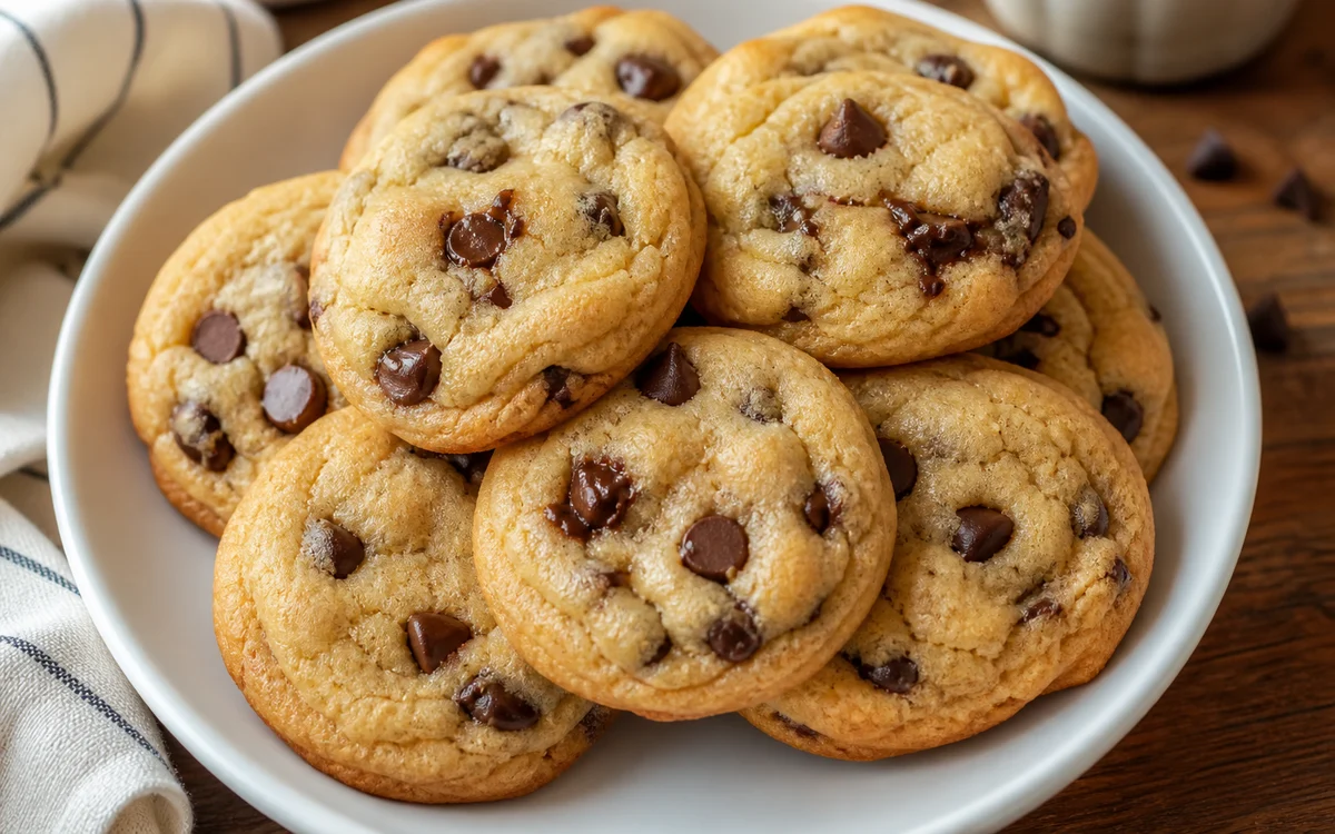 Stack of soft chewy chocolate chip cookies with melty chocolate chips on a white plate