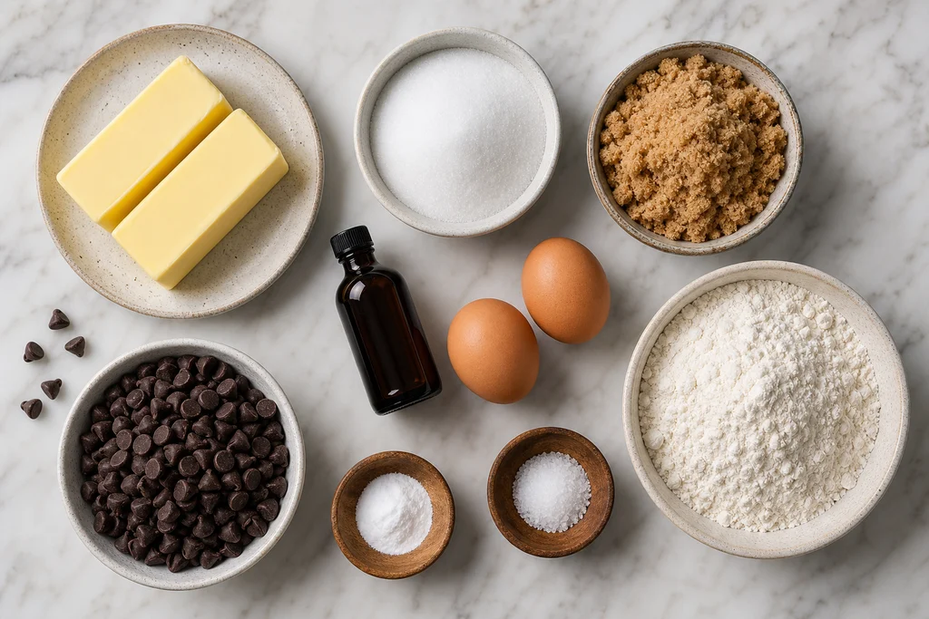 Ingredients for soft chewy chocolate chip cookies including butter sugars eggs flour and chocolate chips