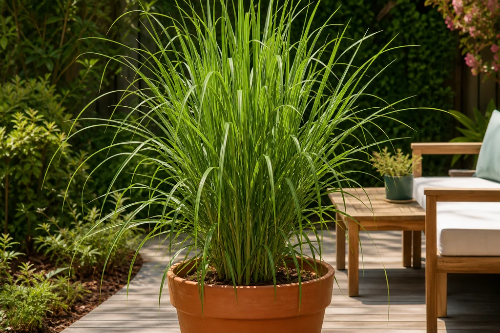 Citronella grass in a large terracotta pot on a sunny backyard patio