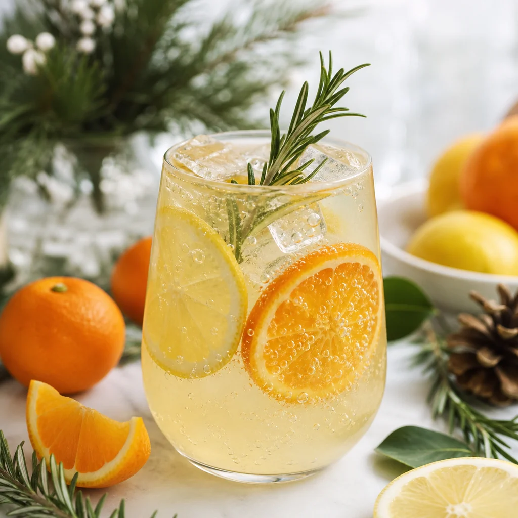 Citrus rosemary fizz with orange and lemon slices, rosemary, ice, and sparkling bubbles