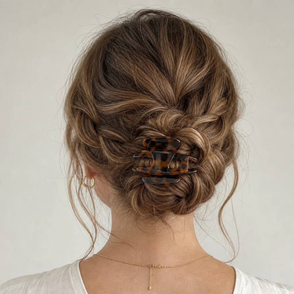 Loose braid coiled into a bun and held with a tortoiseshell claw clip