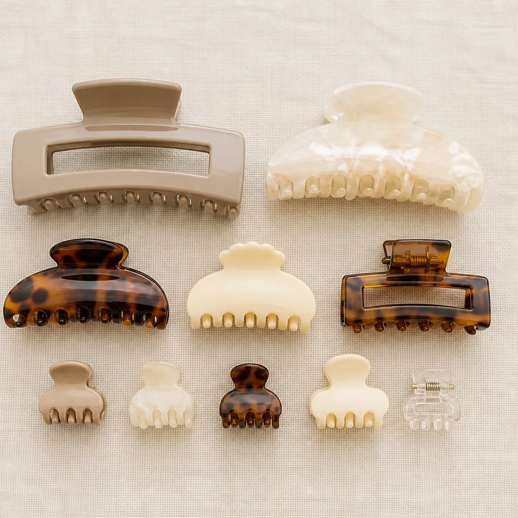 Flat lay of assorted claw clips in different sizes including tortoiseshell and cream jaw clips