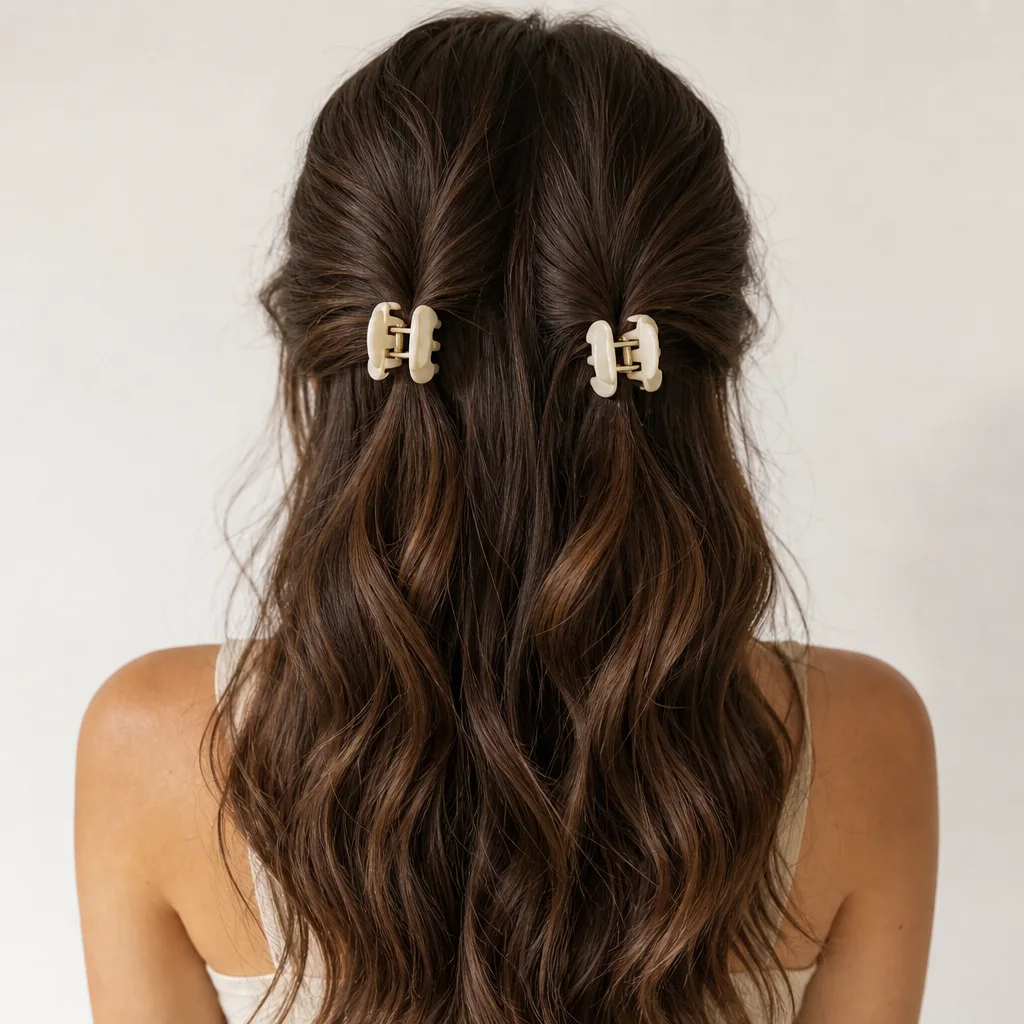 Double claw clip hairstyle with two vertical sections each secured by its own small clip