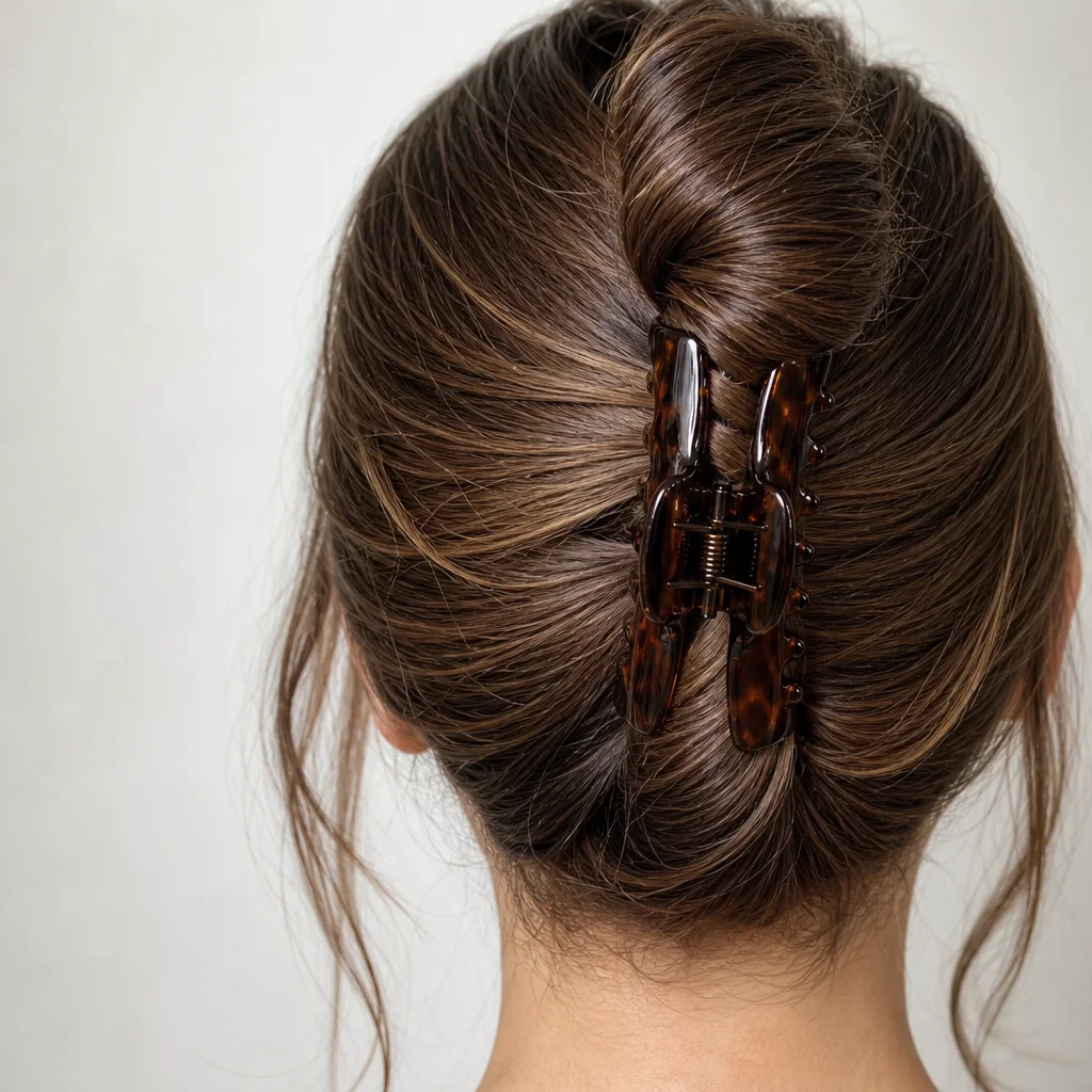 Back view of a classic French twist updo held with a vertical tortoiseshell claw clip