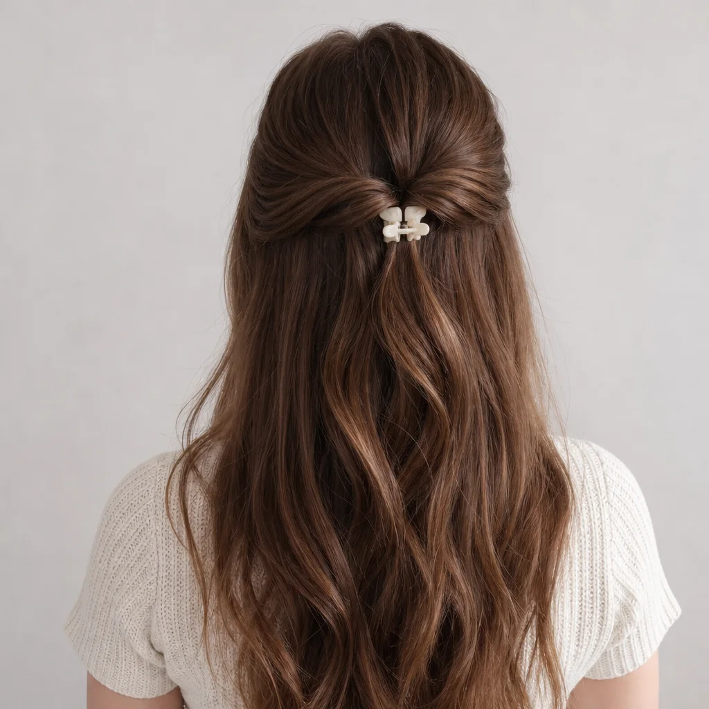 Back view half-up claw clip hairstyle with a small clip at the crown and soft waves