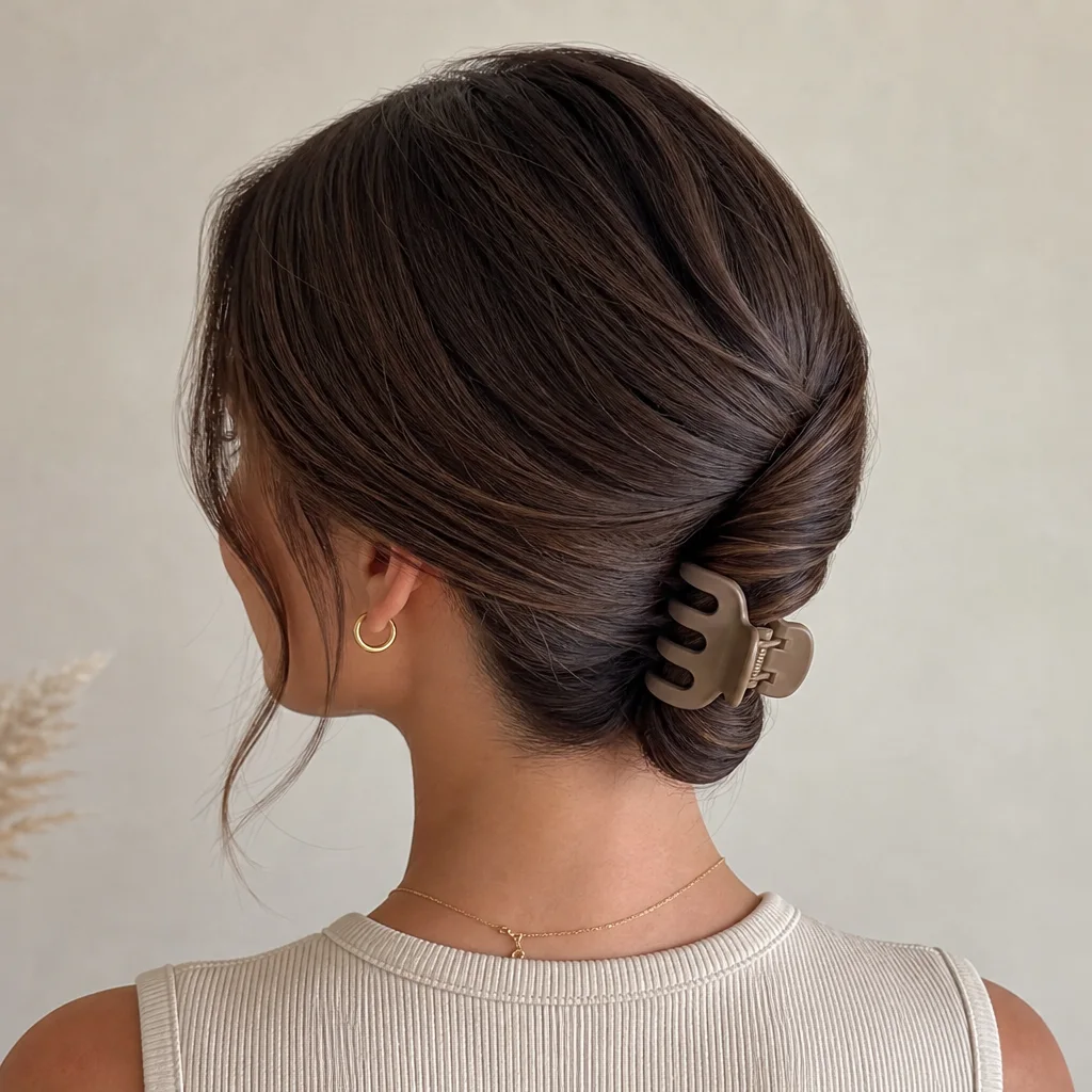 Low ponytail twisted up and secured with a medium claw clip at the nape
