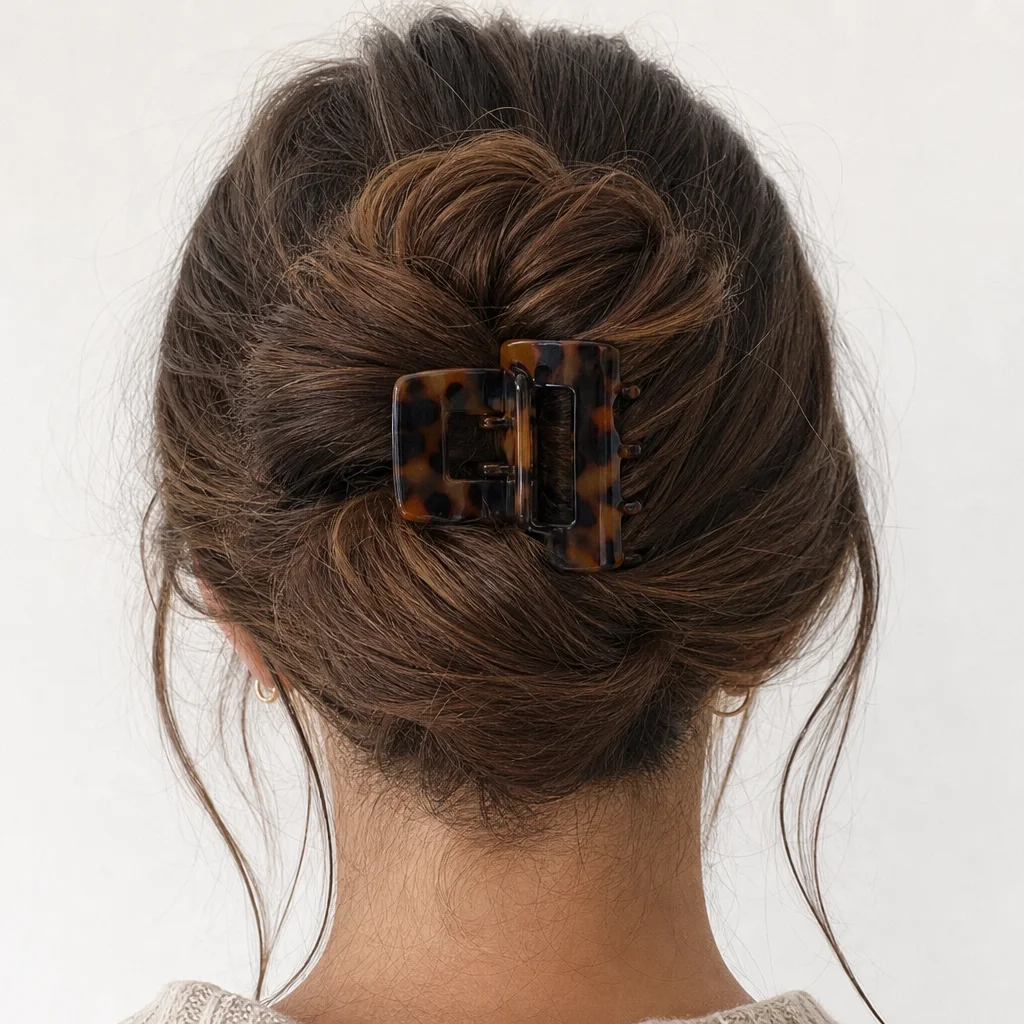 Back view messy bun held with a tortoiseshell claw clip and soft face-framing pieces