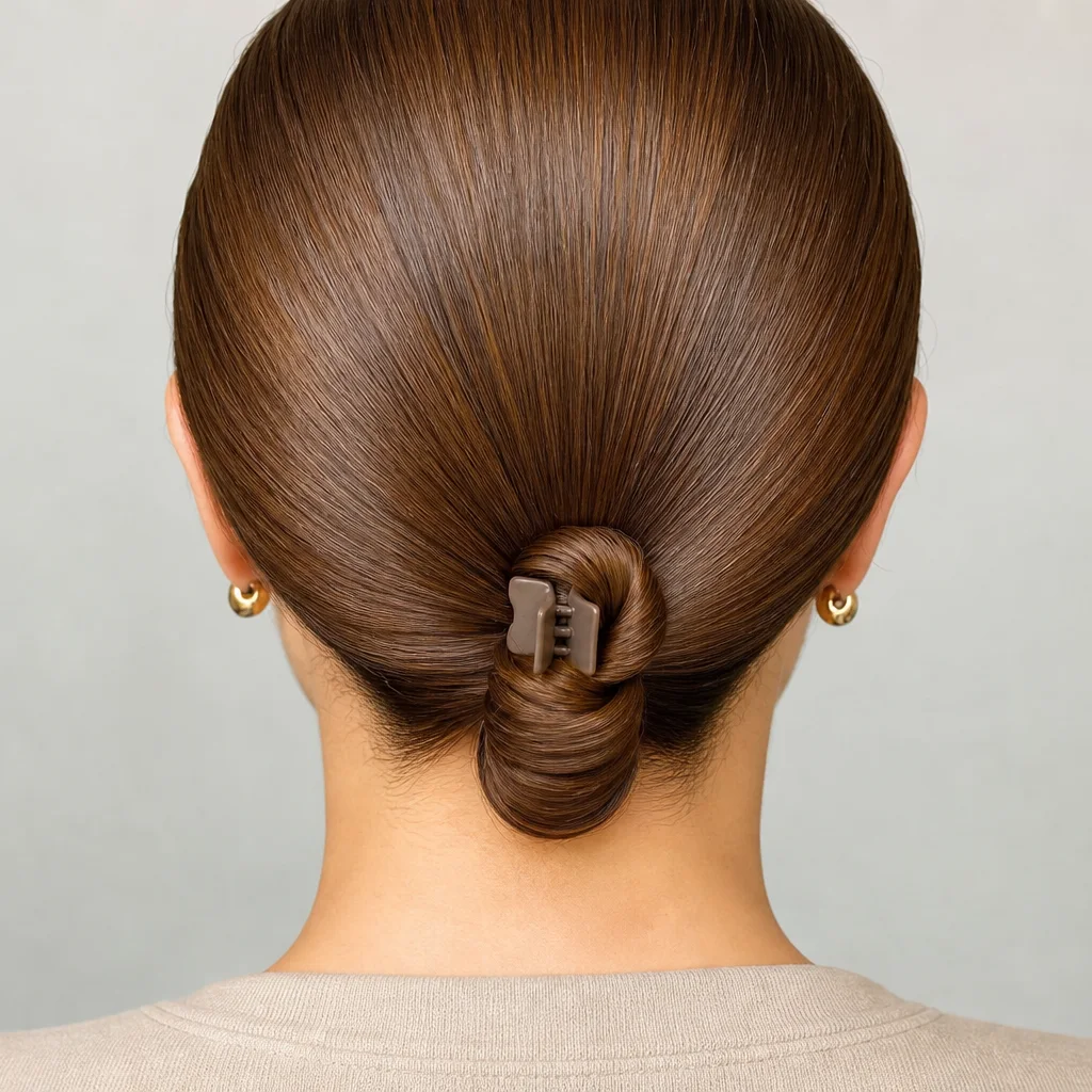 Back view of a sleek polished low knot at the nape held with a small claw clip