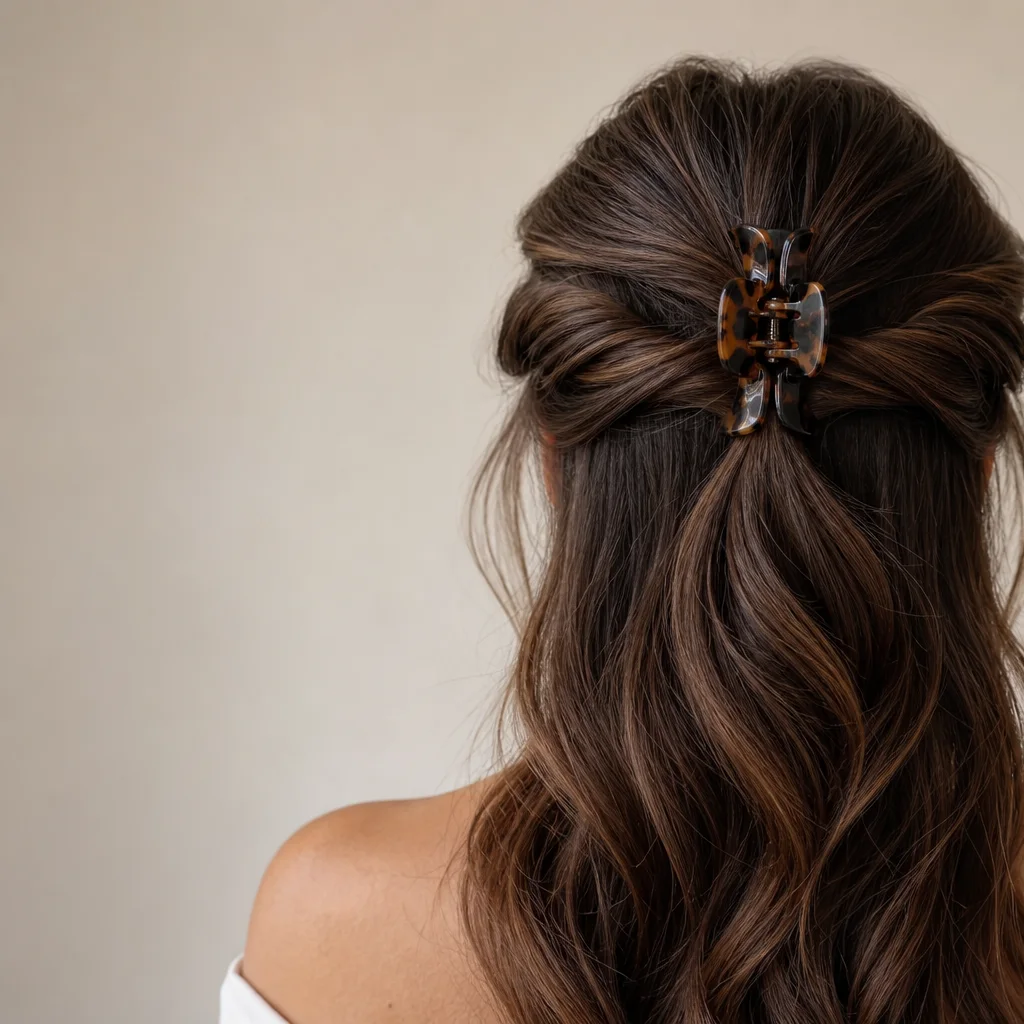 Twisted crown claw clip hairstyle with sections gathered into one clip at the crown