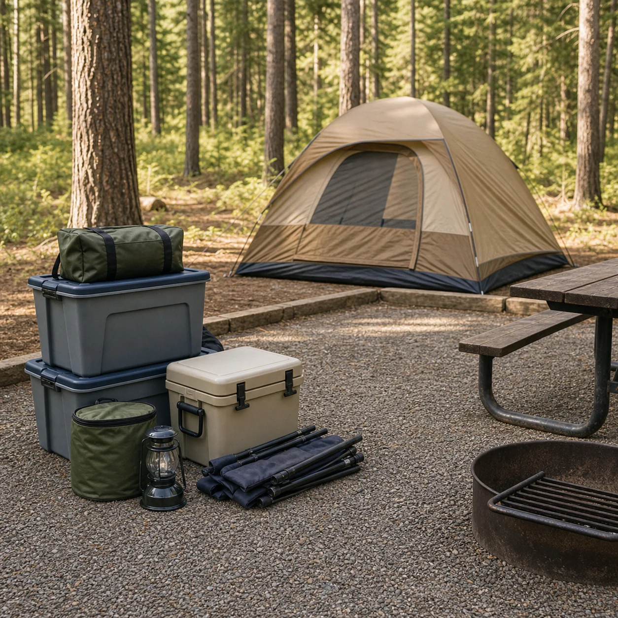 Clean campsite with packed storage bins, cooler, folded chairs, and tent
