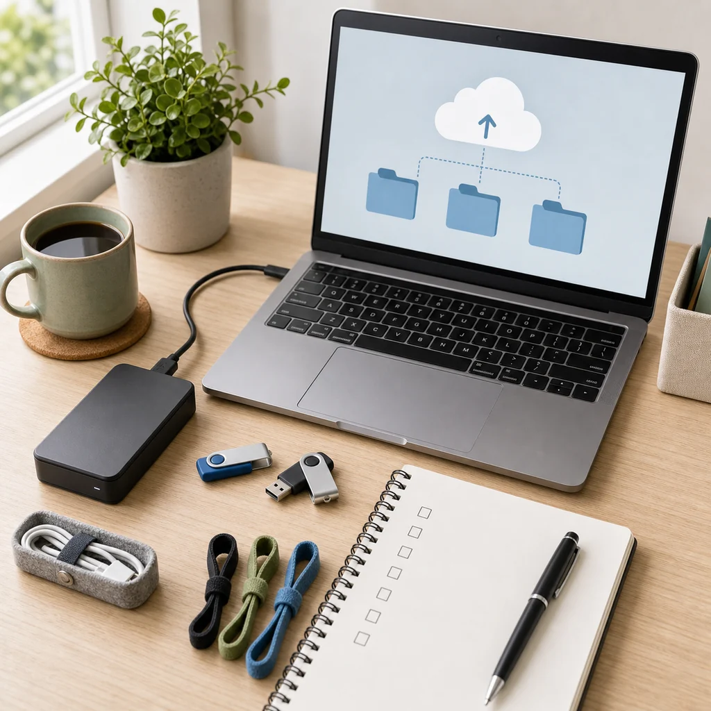 Laptop, external drive, USB drives, and blank checklist for cloud storage cleanup