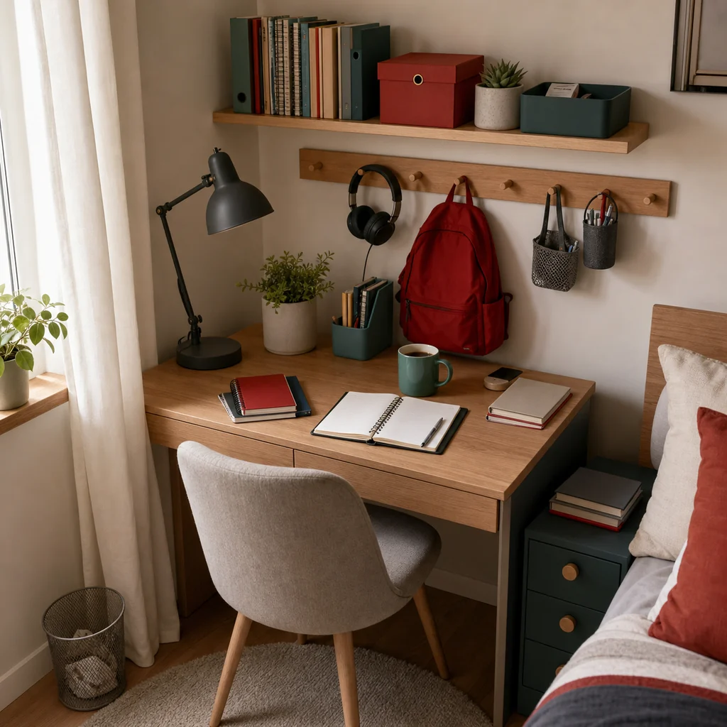 Compact teen bedroom corner desk with wall hooks, books, lamp, backpack, and tidy notebooks