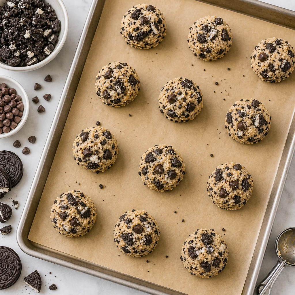 Cookies and cream chocolate chip cookie dough balls with chocolate chips and crushed cookie pieces on a parchment-lined baking sheet