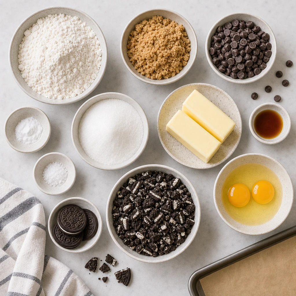 Ingredients for cookies and cream chocolate chip cookies including flour, butter, sugars, eggs, vanilla, chocolate chips, and crushed cream-filled cookies