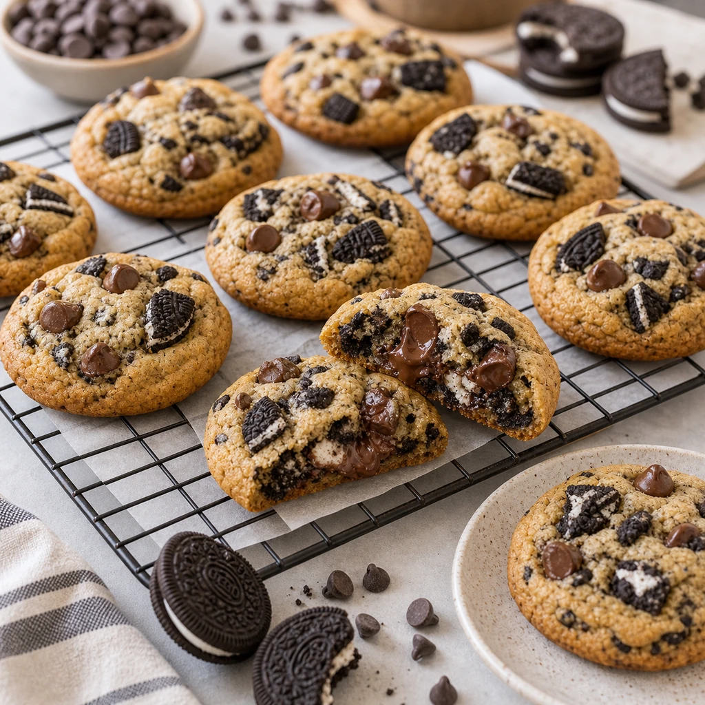Freshly baked cookies and cream chocolate chip cookies on a cooling rack with a broken cookie showing a soft center
