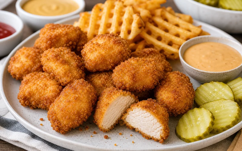 Golden copycat Chick Fil A nuggets with waffle fries, pickles, and dipping sauce