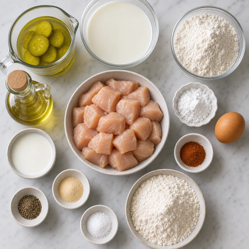 Ingredients for copycat Chick Fil A nuggets with chicken, pickle juice, buttermilk, flour, egg, and spices