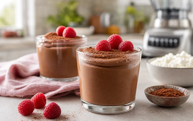 Creamy cottage cheese chocolate mousse with raspberries