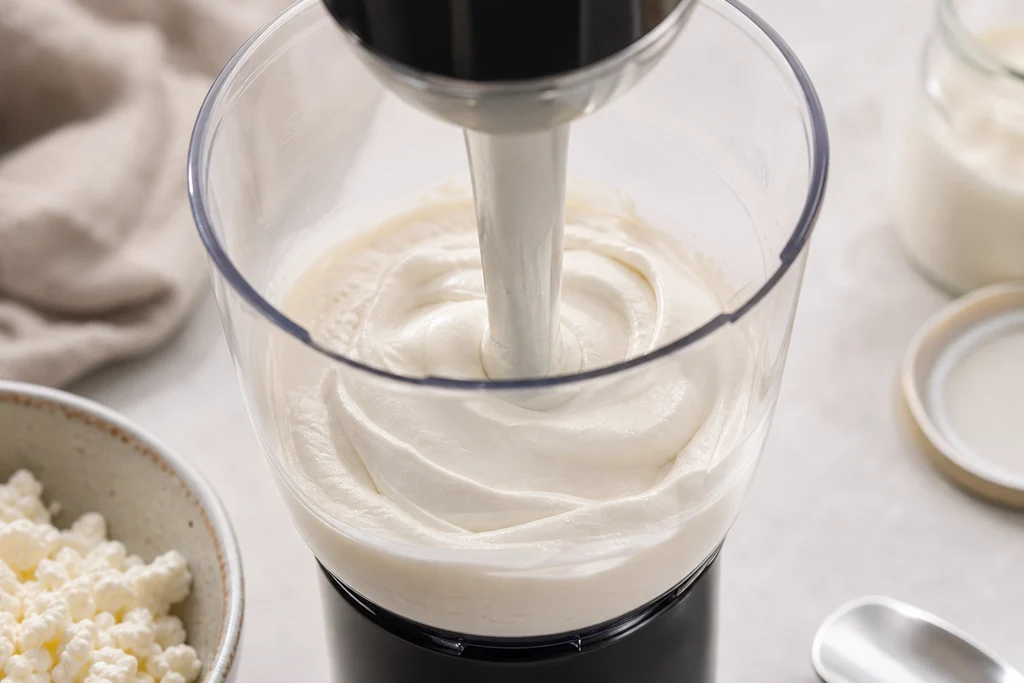 Cottage cheese blended until silky smooth in a blender for high protein cookie dough
