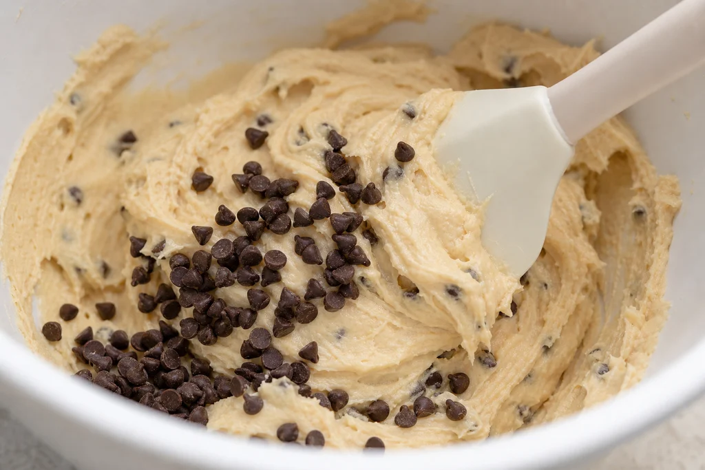 Mini chocolate chips being folded into creamy cottage cheese cookie dough with a spatula
