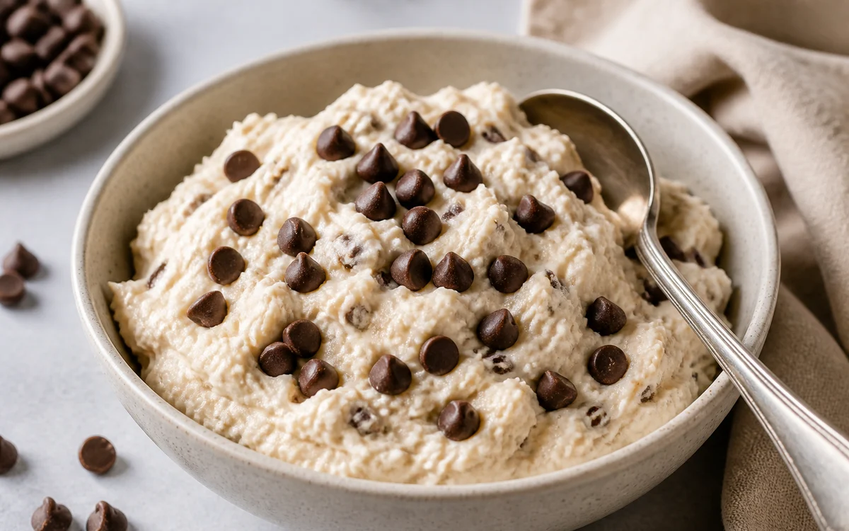 Creamy high-protein cottage cheese cookie dough bowl topped with chocolate chips, a quick 5-minute healthy dessert snack