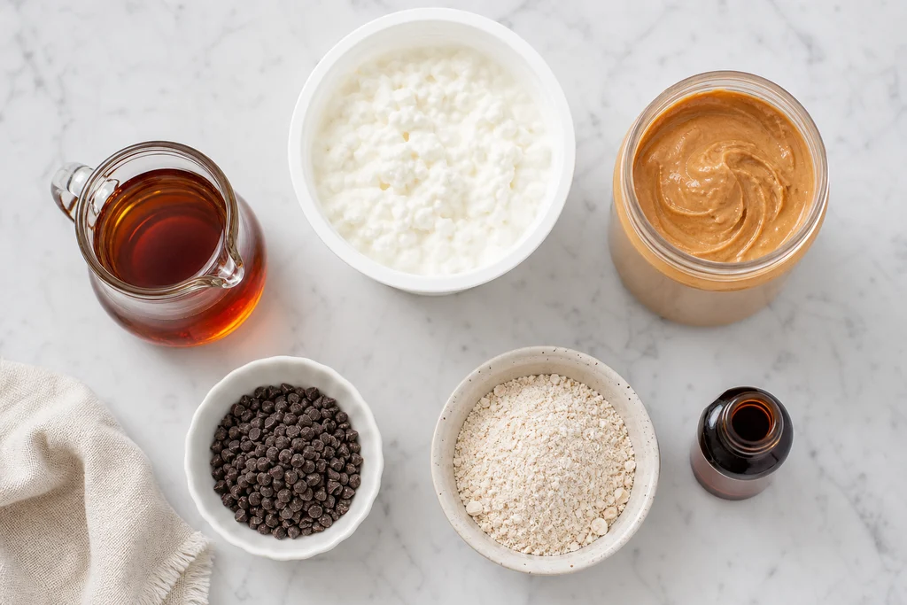 Cottage cheese cookie dough ingredients laid out including cottage cheese, maple syrup, nut butter, vanilla, oat flour and mini chocolate chips
