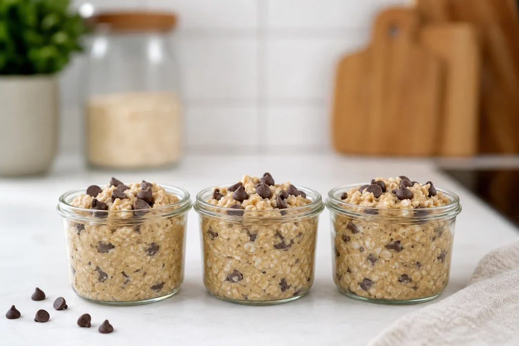 Cottage cheese cookie dough portioned into small jars for healthy meal prep snacks