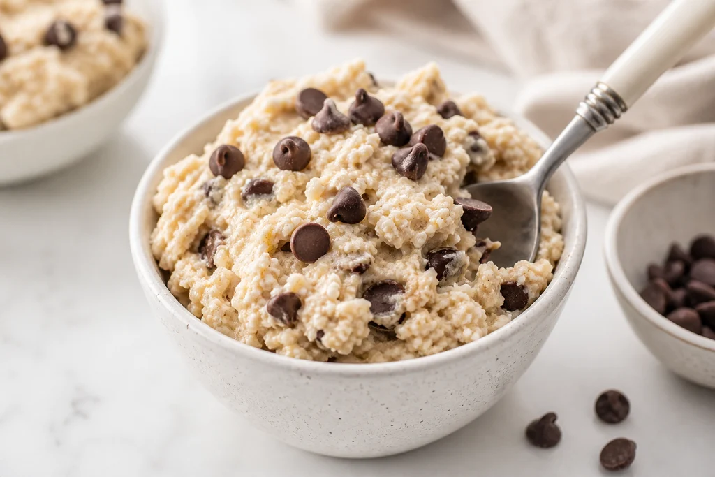 Bowl of high protein cottage cheese cookie dough topped with chocolate chips ready to eat